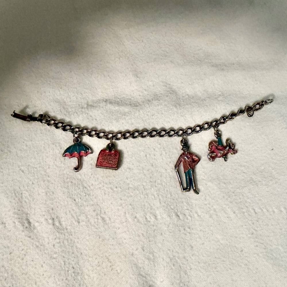 Vintage 1960s Mary Poppins Bracelet with enamel Charms 6"